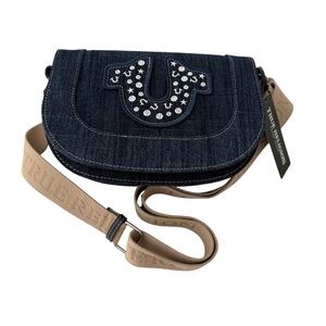 True Religion Dark Blue Denim Crossbody with Beige Strap and Studded Logo NWT